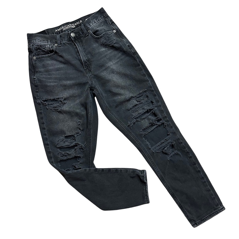 American Eagle Women Black Distressed Ripped Mom Jeans